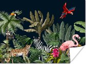 Poster Jungle - Plantes - Animaux - Enfants - Flamingo - Zebra - 80x60 cm