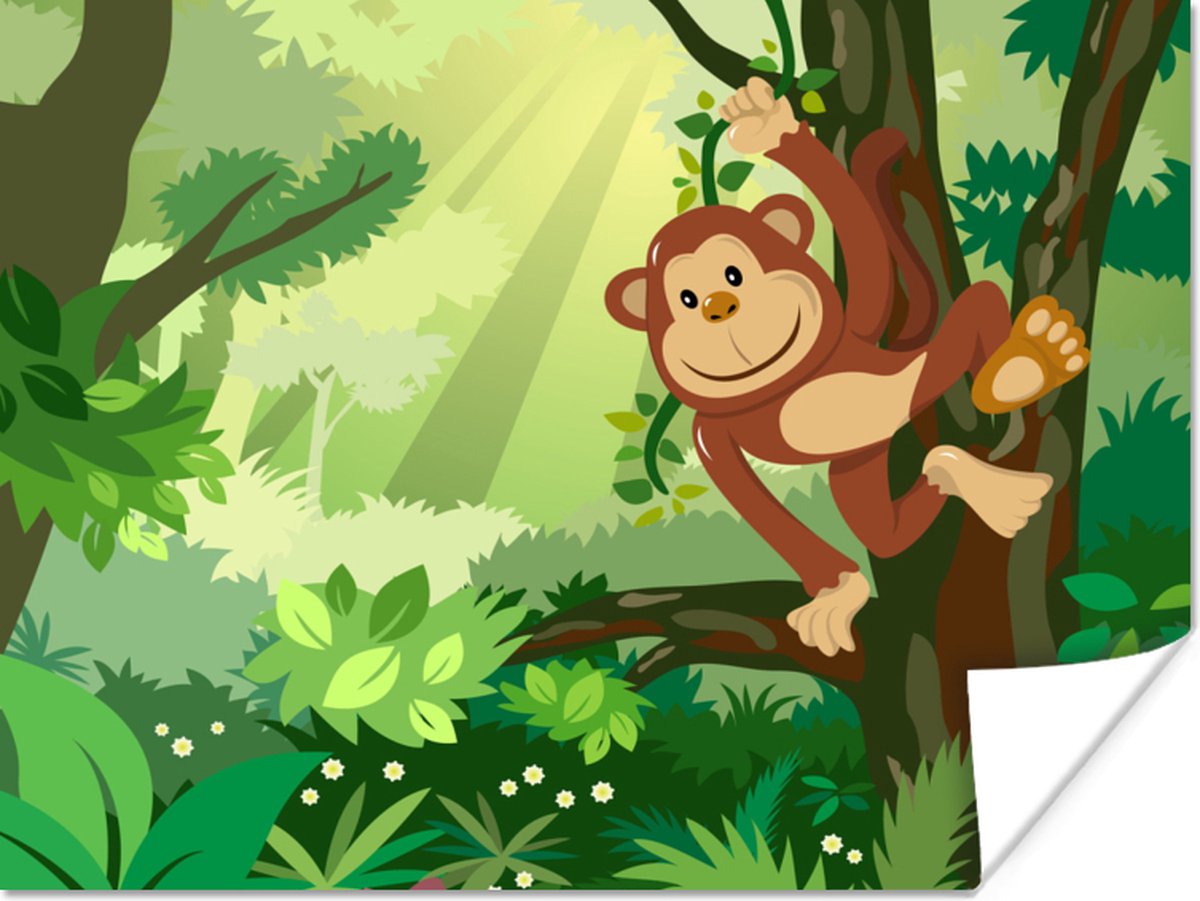 Poster Aap - Jungle - Jongens - Meisjes - Bloemen - Kids - 80x60 cm - Poster Babykamer