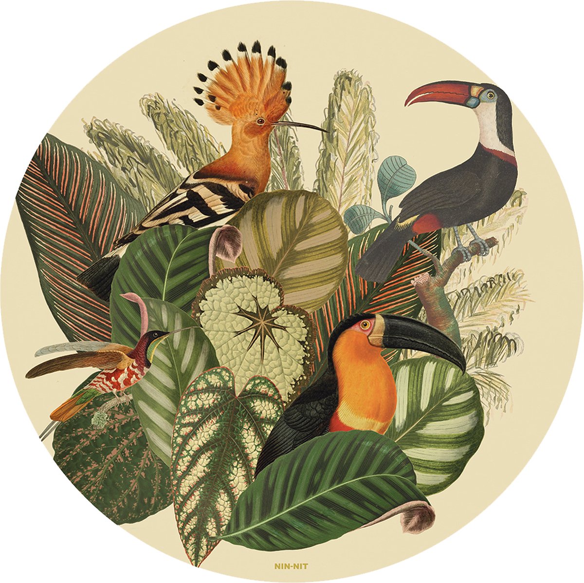 NIN-NIT - Tropical Toucans - wall-art - muurcirkel - Wandcirkel - Ø90 cm - dibond - aluminium - botanisch - bohemian - eclectisch - toekans- vogels - natuurprint - bladeren - groen - beige - oranje - bruin