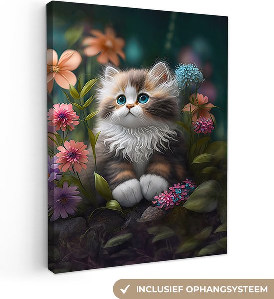 Canvas Schilderij Kitten - Illustratie - Bloemen - Natuur - Kat - 30x40 cm - Wanddecoratie