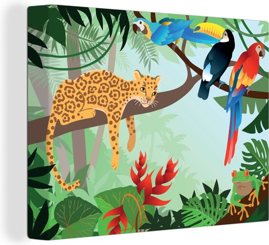 Canvas Schilderij Jungle dieren - Toekan - Jongens - Meiden - Luipaard - 80x60 cm - Wanddecoratie