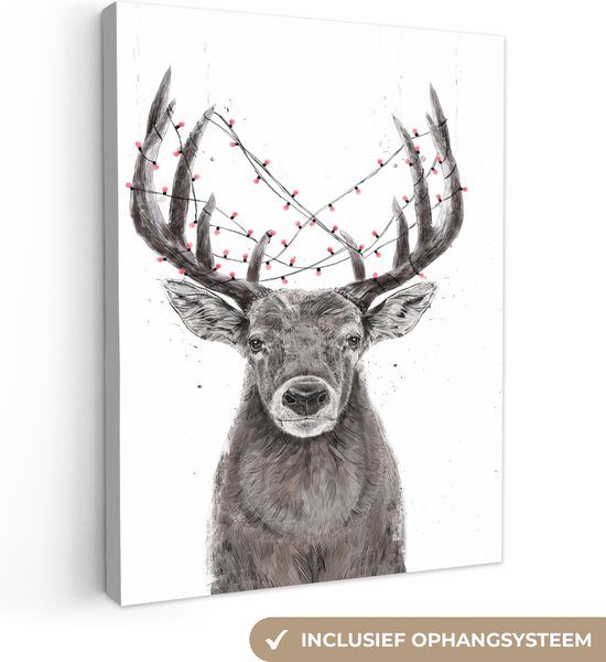 Canvas Schilderij Hert - Kerst - Lichtjes - Dieren - 30x40 cm - Wanddecoratie