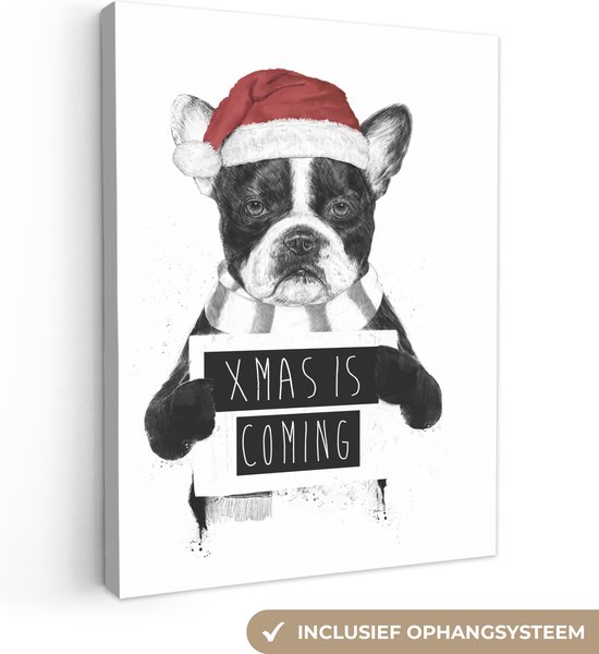 Canvas Schilderij Hond - Kerstmuts - Sjaal - Dieren - 60x80 cm - Wanddecoratie