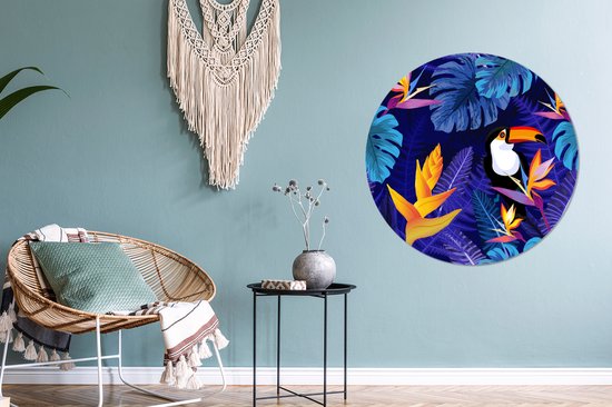 WallCircle - Stickers muraux muraux - Cercle de papier peint - Jungle - Toucan - Fleurs - Plantes - Enfants - Violet - Animaux - 100x100 cm - Cercle mural - Autocollant - Papier peint autocollant rond XXL