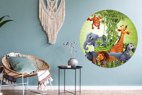 WallCircle - Cercle Mural - Cercle Mural - Animaux de la Jungle - Plantes - Enfants - Eléphant - Girafe - Lion - Aluminium - Dibond - 140x140 cm - Intérieur et Extérieur