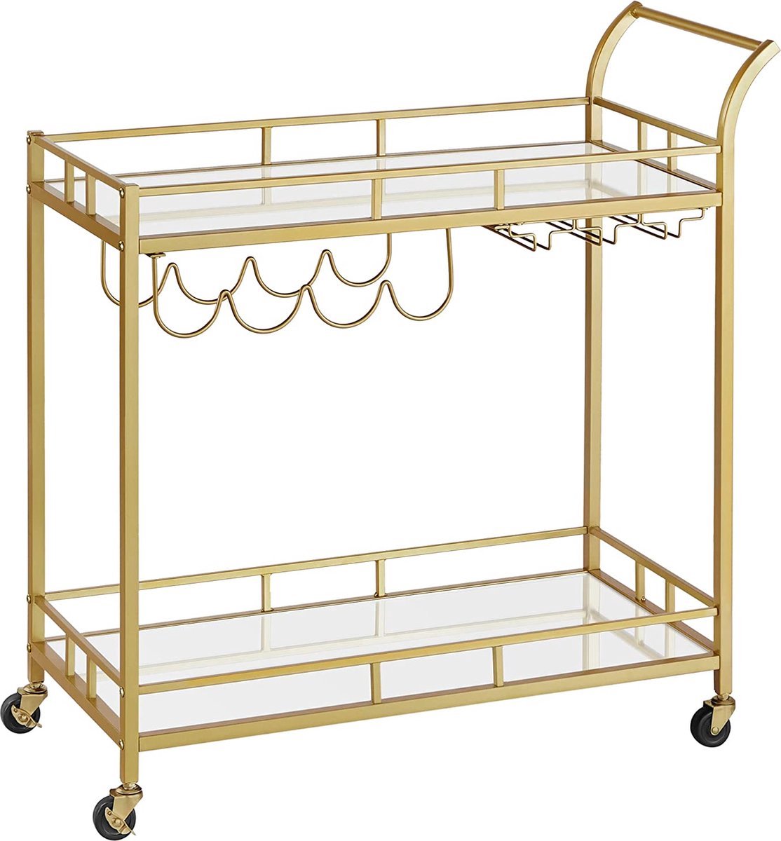 Hoppa! Serveerwagen, Barwagen goud, thuisbar, wijnwagen met 2 gespiegelde planken, wijnhouders, glashouders, voor keuken, eetkamer, goud