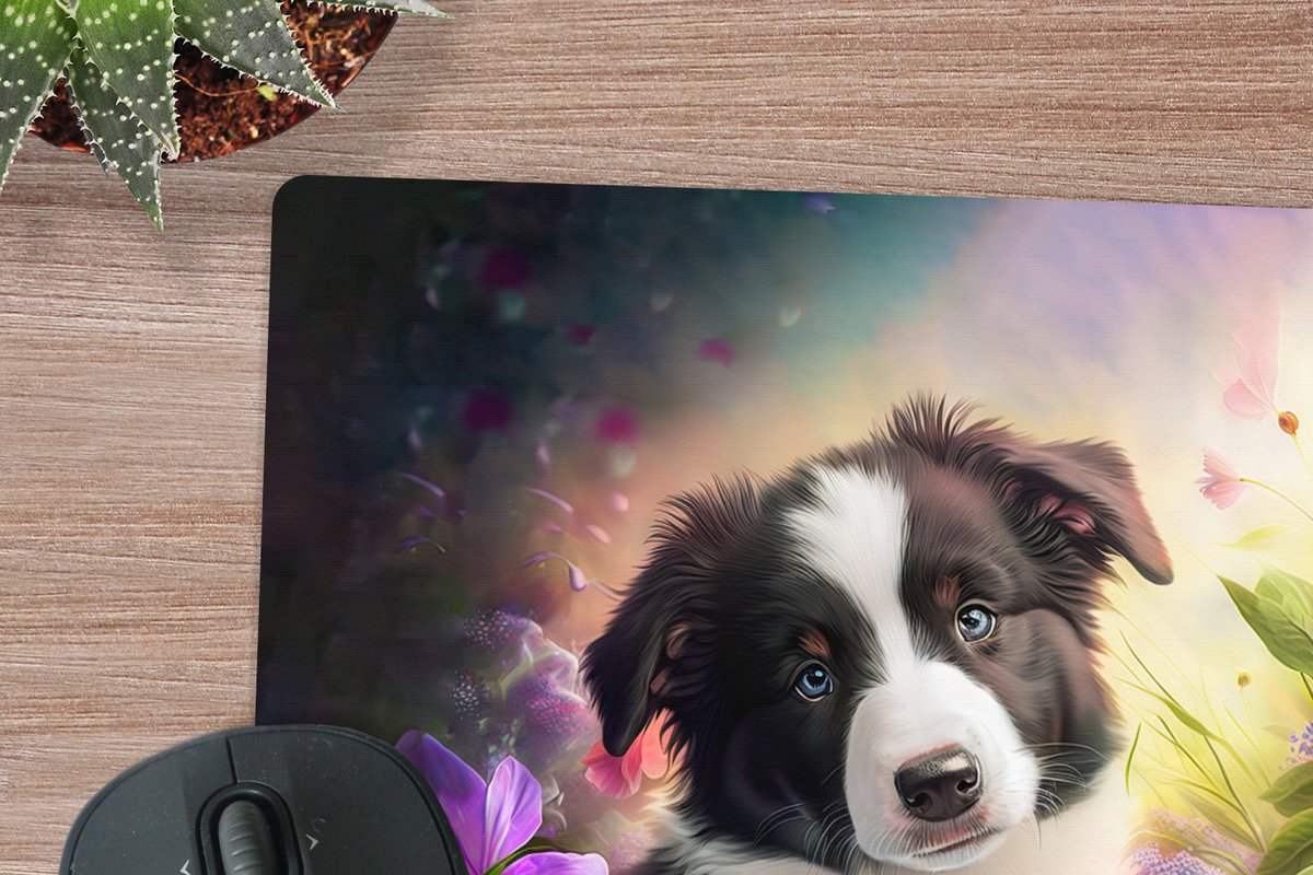 Muismat XXL 40x40 cm - Bureau onderlegger - Bureau mat Puppy - Zon - Bloemen - Natuur - Bordercollie - Hond - Bureaumat - Gaming mousepad xl - Bureaulegger groot - Computer deskmat