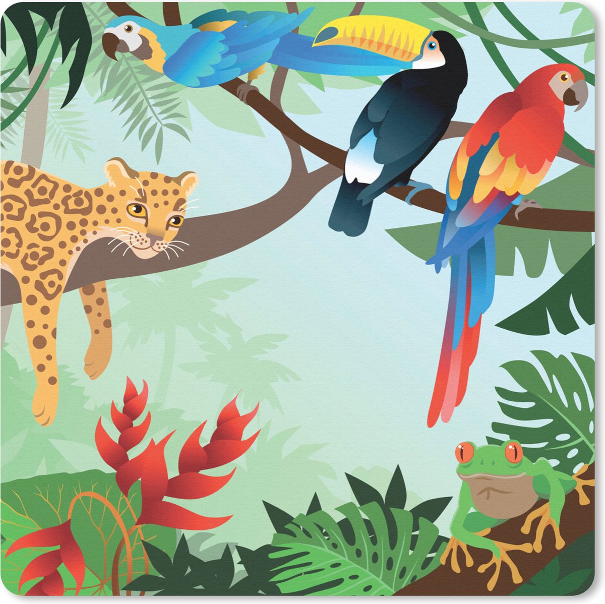Muismat 20x20 cm - Mousepad Jungle dieren - Toekan - Jongens - Meiden - Luipaard - Muismatten