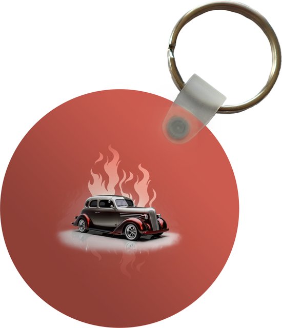 Sleutelhanger - Auto - Roze - Vintage - Vlammen - Plastic - Rond - Uitdeelcadeautjes