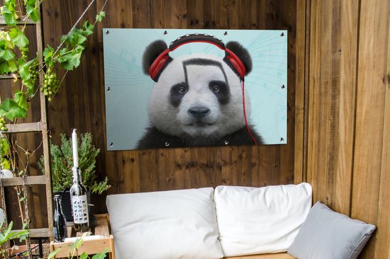 Affiche jardin - Toile jardin - Posters de jardin extérieur - Panda - Casque - Animal - Notes de musique - Rouge - 120x80 cm - Jardin