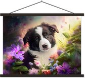 Posterhanger incl. Poster - Schoolplaat - Puppy - Zon - Bloemen - Natuur - Bordercollie - Hond - 150x113 cm - Zwarte latten