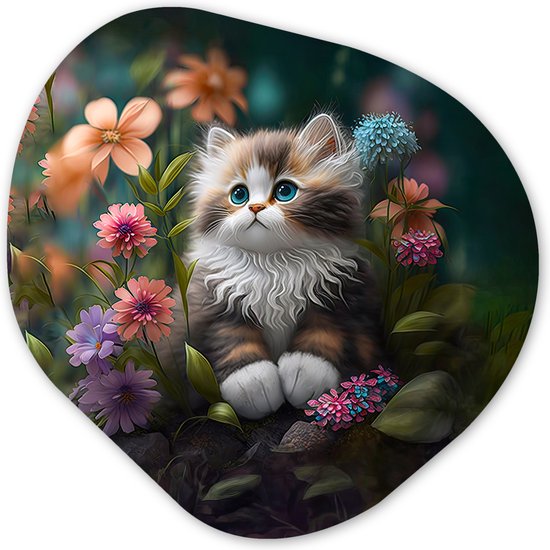 Organische Wanddecoratie - Kunststof Muurdecoratie- Organisch Schilderij - Kitten - Illustratie - Bloemen - Natuur - Kat- 40x40 cm - Asymmetrische spiegel vorm op kunststof