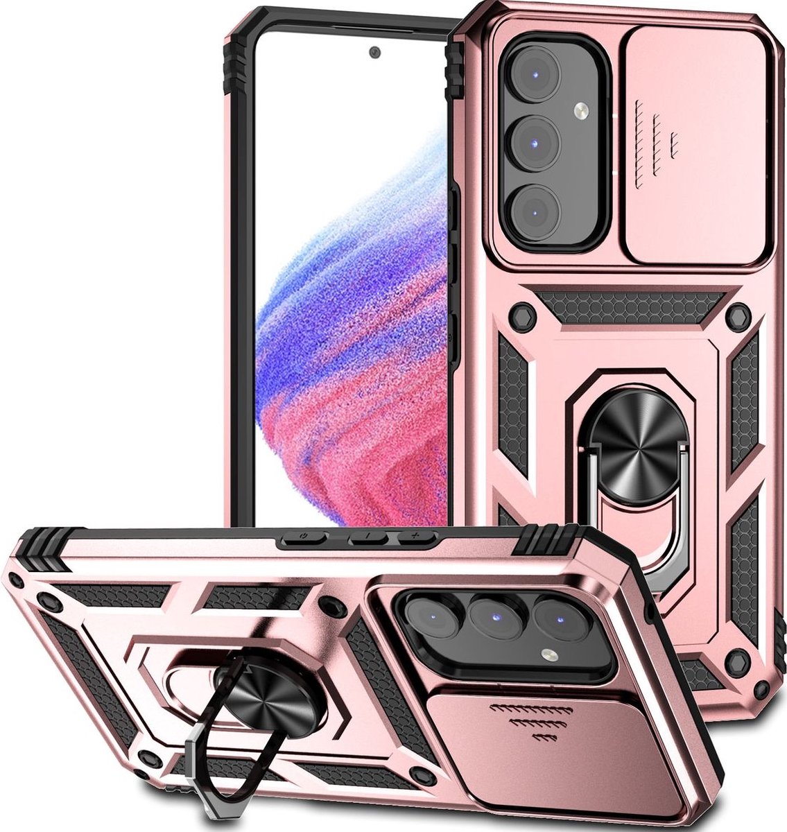 Mobigear Hoesje geschikt voor Samsung Galaxy A54 Telefoonhoesje Hardcase | Mobigear Armor Ring Cam Slide Backcover Shockproof met Ringhouder en Camera Slider | Schokbestendig Galaxy A54 Telefoonhoesje | Anti Shock Proof - Roségoud