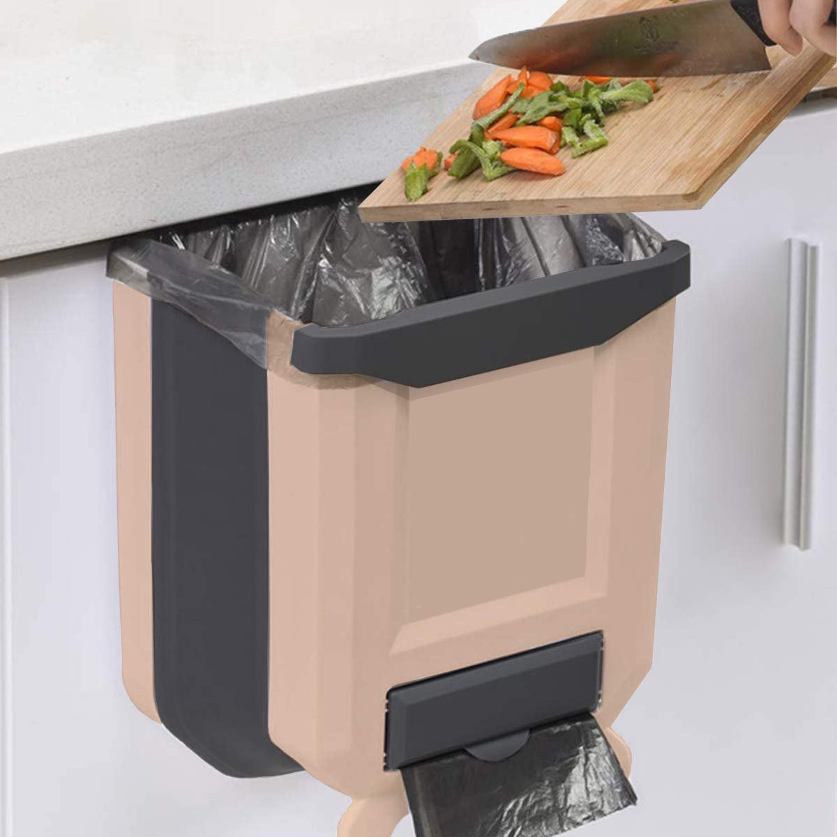 Afvalbak keuken wandmontage kunststof opvouwbaar voor kastdeur hangende afvalbak 8L (beige)