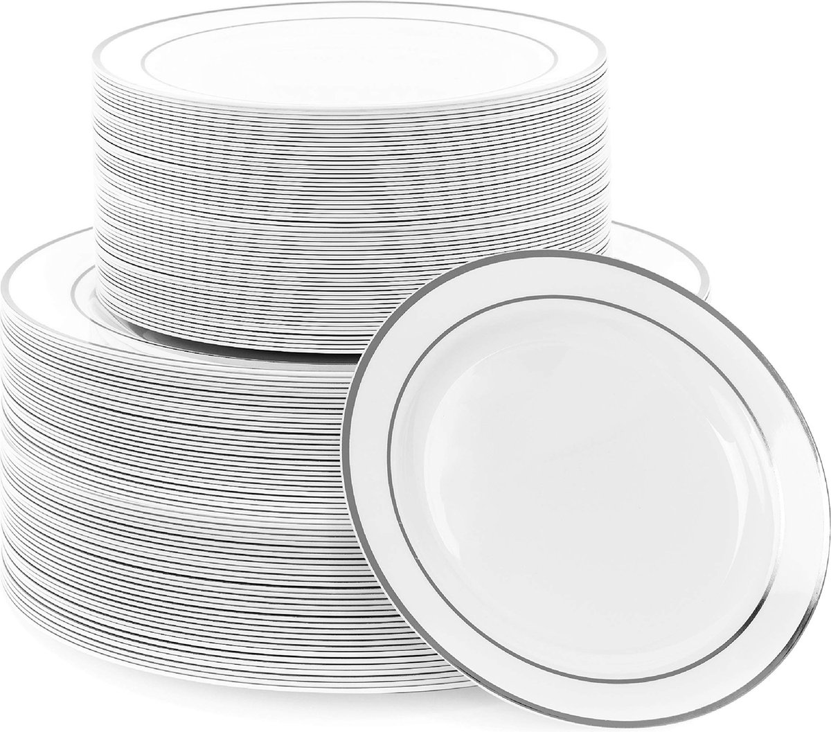 Matana – 120 Plastic Borden met Zilveren Rand (2 Maten: 26cm & 19cm) – Wit – Elegant, Herbruikbaar & Stabiel – Voor Bruiloften, Verjaardagen & Kerstmis