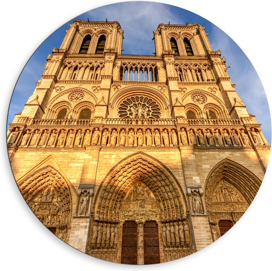 WallClassics - Dibond Muurcirkel - Vooraanzicht van de Notre Dame in Parijs - 80x80 cm Foto op Aluminium Muurcirkel (met ophangsysteem)