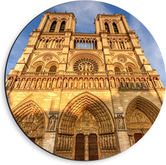 WallClassics - Dibond Muurcirkel - Vooraanzicht van de Notre Dame in Parijs - 40x40 cm Foto op Aluminium Muurcirkel (met ophangsysteem)