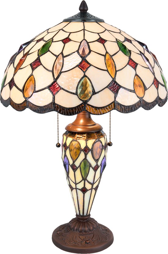 HAES DECO - Tiffany Tafellamp Ø 40x60 cm Beige Bruin Glas Halfrond Tiffany Bureaulamp Tiffany Lampen Glas in Lood
