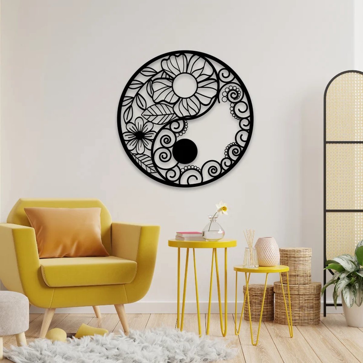 Metalen Wanddecoratie Yin Yang – 3D Wandkunst – Zwart – 90 x 90 cm