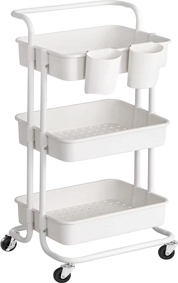 Hoppa! Trolley, 3 niveaus, serveerwagen, keukenwagen met handvat, 2 kleine hangcompartimenten, 2 remmen, kunststof opbergvakken, eenvoudig te monteren, slaapkamer, wasruimte, wit