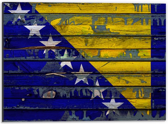 WallClassics - Dibond - Vlag van Bosnië op Houten Planken - 40x30 cm Foto op Aluminium (Met Ophangsysteem)