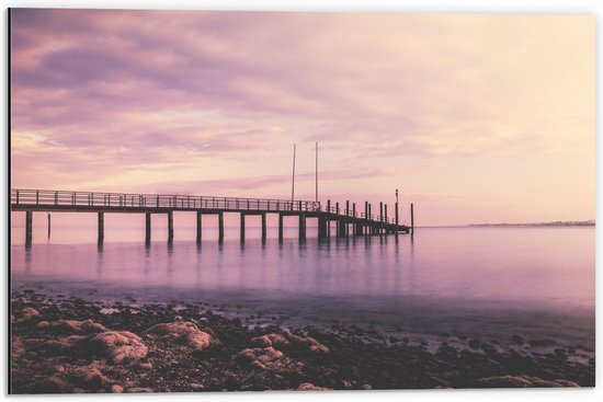 Dibond - Stijger op Zee met Roze Gloed - 60x40 cm Foto op Aluminium (Wanddecoratie van metaal)
