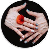 Dibond Muurcirkel - Vrouwen Hand met Bloem tussen Vingers en Blauw Gelakte Nagels - 30x30 cm Foto op Aluminium Muurcirkel (met ophangsysteem)