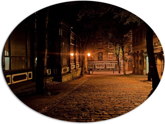 Dibond Ovaal - Straat in de Nacht - 80x60 cm Foto op Ovaal (Met Ophangsysteem)