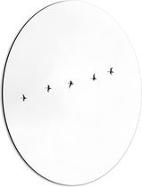 WallClassics - Dibond Ovaal - Zwarte Vogels Vliegend in Lijn op Witte Achtergrond - 42x56 cm Foto op Ovaal (Met Ophangsysteem)