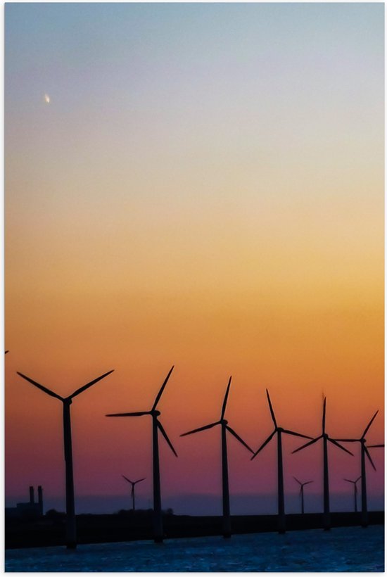 WallClassics - Poster (Mat) - Rij Windmolers tijdens de Zonsondergang - 40x60 cm Foto op Posterpapier met een Matte look