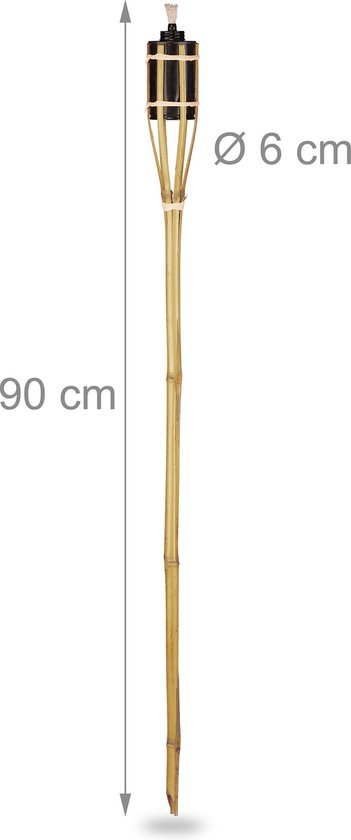Bamboe tuinfakkel van 90 cm hoog en 6 cm breed, metafgmetingen weergegeven.