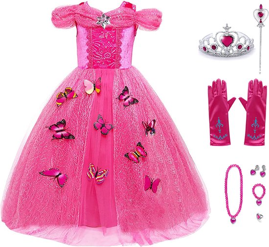 Roze prinsessenjurk met vlinders, tiara, toverstaf, handschoenen, ketting, ring en oorbellen.