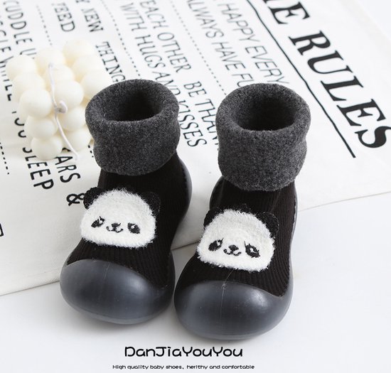 Fleece anti-slip babyschoentjes - Sok sloffen - Eerste loopschoentjes van Baby-Slofje - Zwart Panda maat 22/23