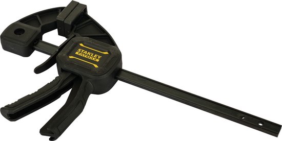 Zwarte Stanley Fatmax lijmklem met een lange, verstelbare arm en een zwarte handgreep.