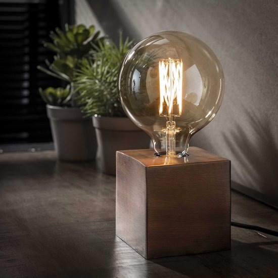 Tafellamp Block antiek | 1 lichts | bruin / koper | metaal | 10 x 10 x 10 cm | bureaulamp | modern / sfeervol design