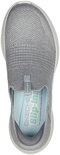 Grijze Skechers instapper van bovenaf gezien, met de tekst "Skechers Slip-ins" op de binnenzool.