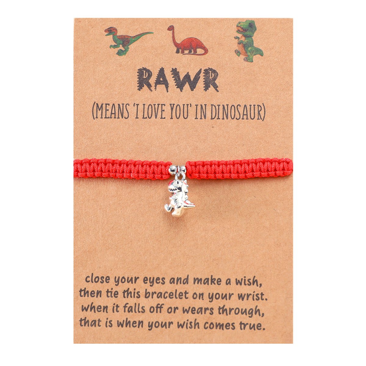 Armbandje met Dino Zilverkleurig - Rood Bandje - Armband op Cadeau kaartje - Pax Amare