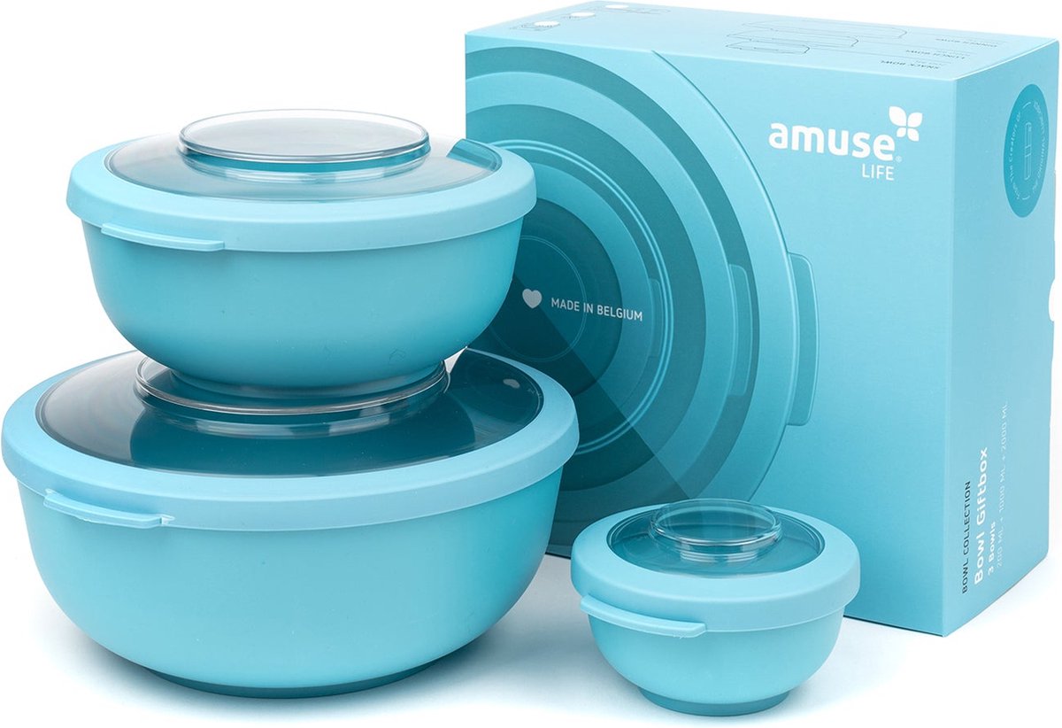 Amuse Lunchbox - Set van 3 - Tritan Deksel - Stapelbaar - Vaatwasser- en Magnetronbestendig - 200 + 1000 + 2000 ml - Blauw