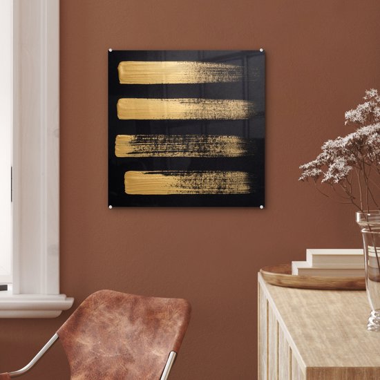 MuchoWow® Glasschilderij 50x50 cm - Schilderij acrylglas - Patroon van gouden verf op een zwarte achtergrond - Foto op glas - Schilderijen