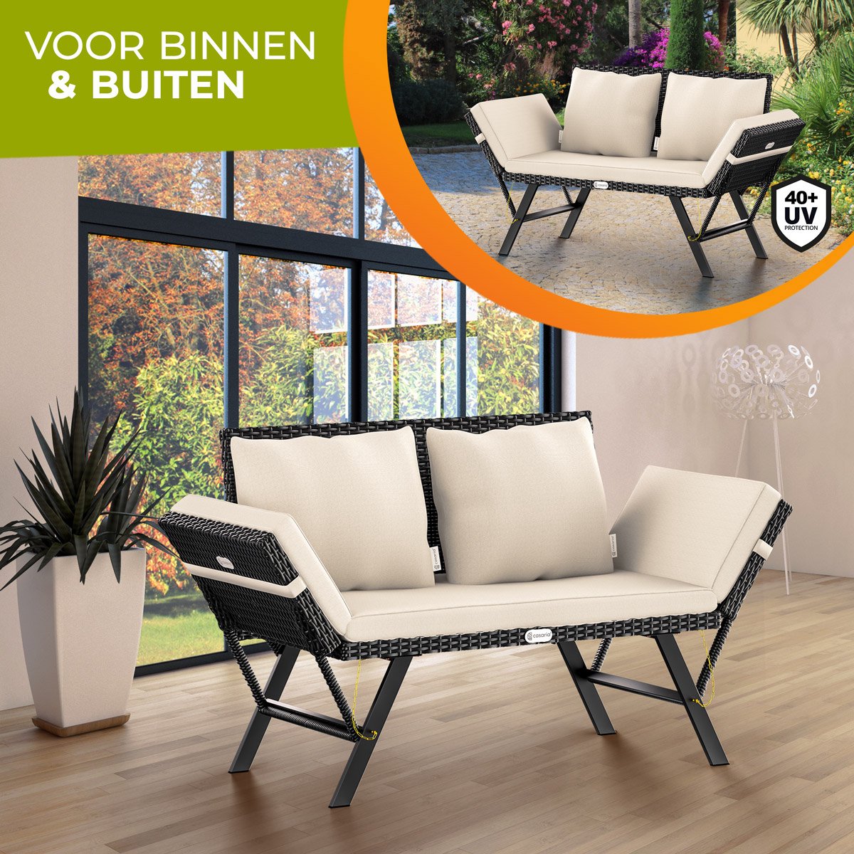 Banc de Jardin en Polyrotin Casaria - Réglable Incl. Coussins – Zwart