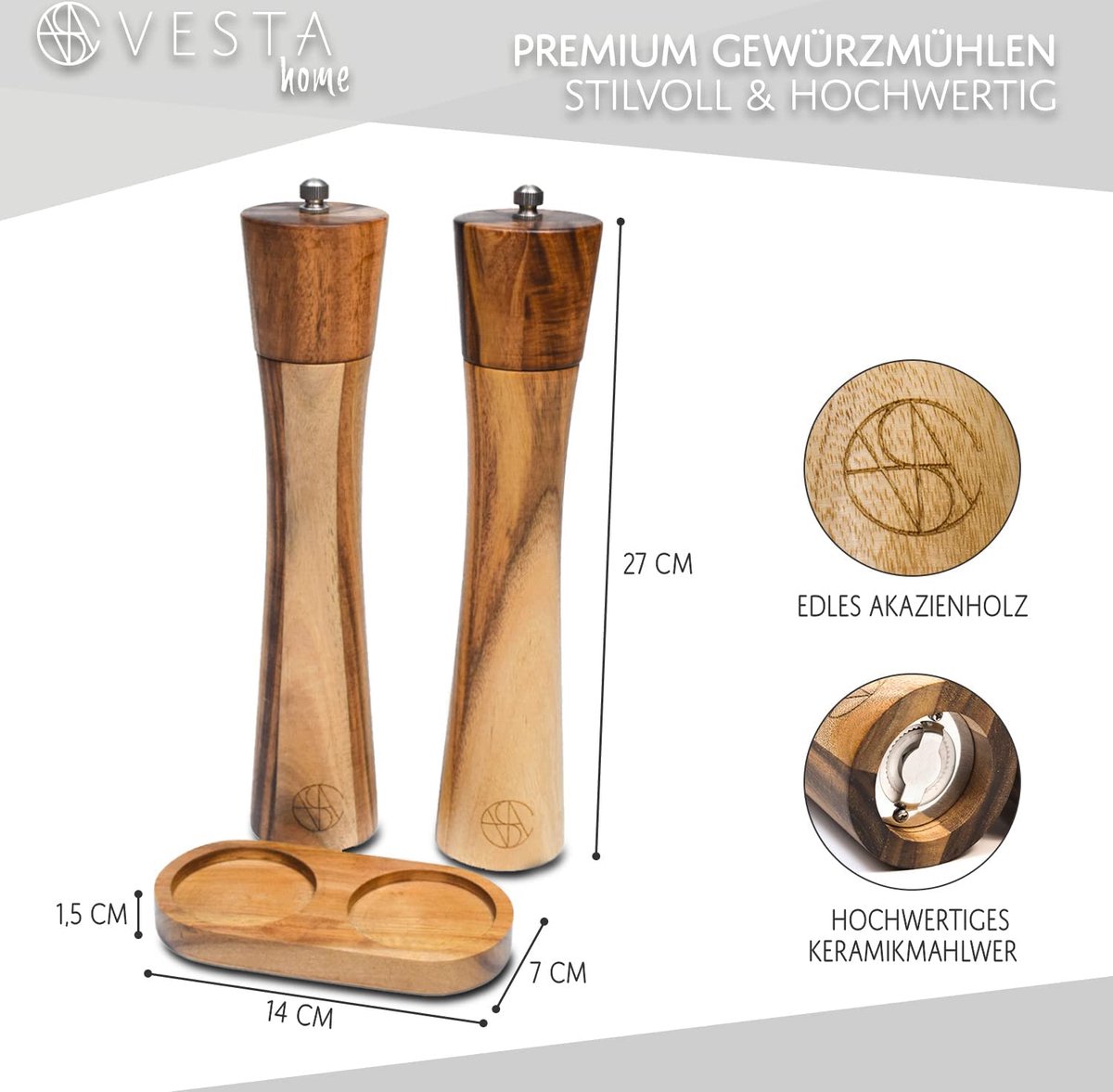 Zout en pepermolen hout groot (27 cm) premium peper en zoutmolen van acacia hout...