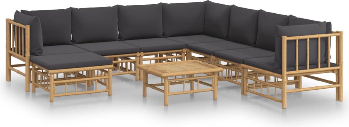 vidaXL 9-delige - Loungeset - met - kussens - bamboe - donkergrijs