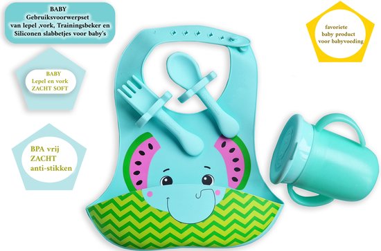 slabbetje met bakje siliconen - Kinderbestek baby lepeltjes en vorkjes- BPA vrij - drinkbeker - 360 trainingsbeker van Rettel — afbeelding 5
