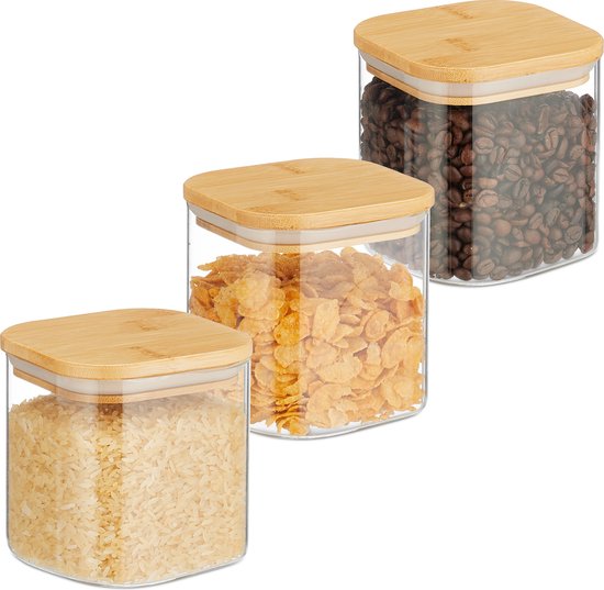 Relaxdays voorraadpot met deksel - set van 3 - muesli bewaarpot 600 ml - glazen opbergpot