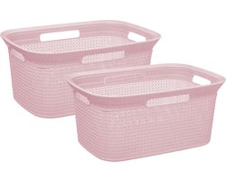 Wasmand van rotan gevlochten - 2x - lichtroze - kunststof - 45 liter - 59 x 41 x 27 cm
