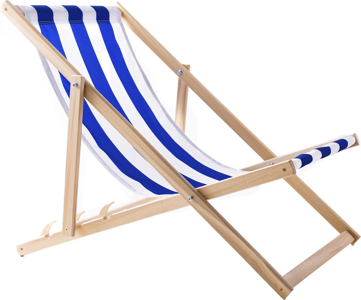 WOODOK - Houten ligstoel gemaakt van hoogwaardig beukenhout met drie verstelbare rugleuningposities / Strandbed - Blauw met wit