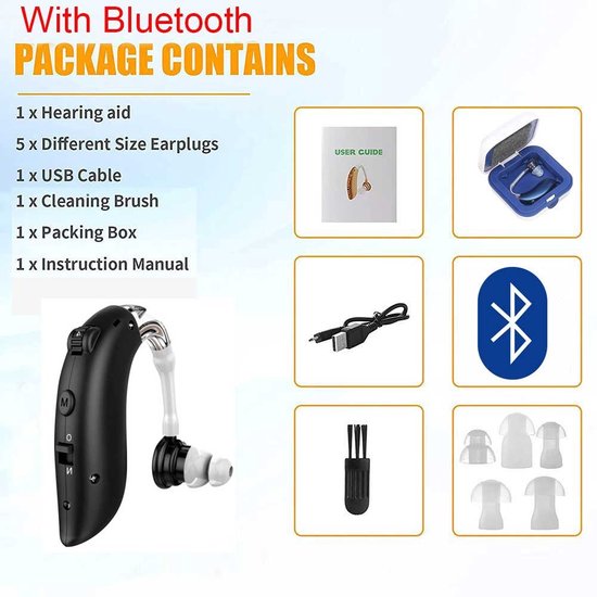 TechU™ Oplaadbaar Hoortoestel met Bluetooth – Draadloos Gehoorapparaat voor Achter Het Oor (AHO) – Helder Geluid – Intelligente geluidreductie – Comfortabel & Lichtgewicht – Zwart