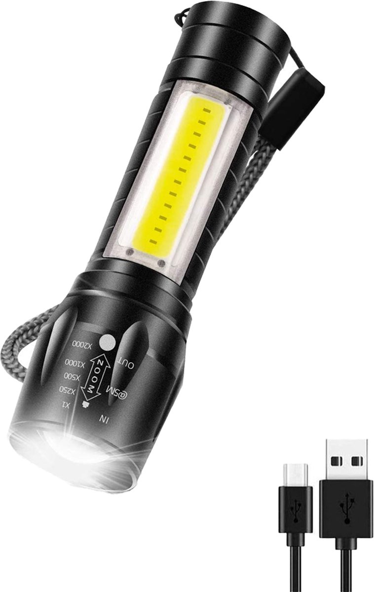 Qtronic Zaklamp LED oplaadbaar met zoomfunctie - Militaire zaklamp - Waterdicht - USB oplaadbaar (inclusief Oplaadkabel & Batterij).