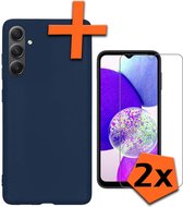 Hoesje Geschikt voor Samsung A14 Hoesje Siliconen Cover Case Met 2x Screenprotector - Hoes Geschikt voor Samsung Galaxy A14 Hoes Back Case - Donkerblauw