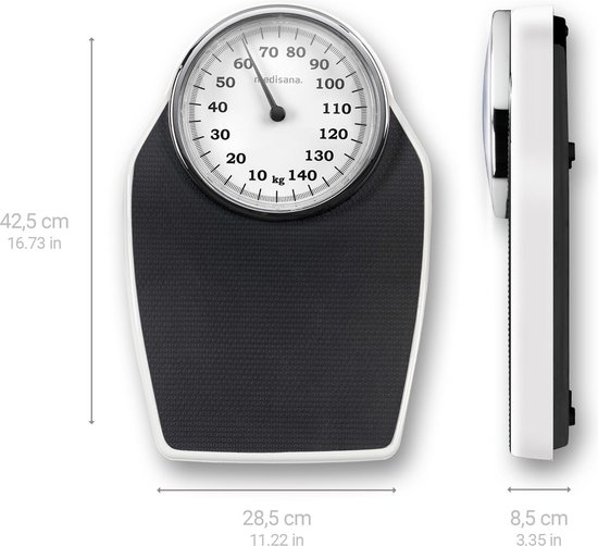 Balance corporelle analogique avec plateau de pesée noir et bord blanc. Mesure jusqu'à 140 kg.